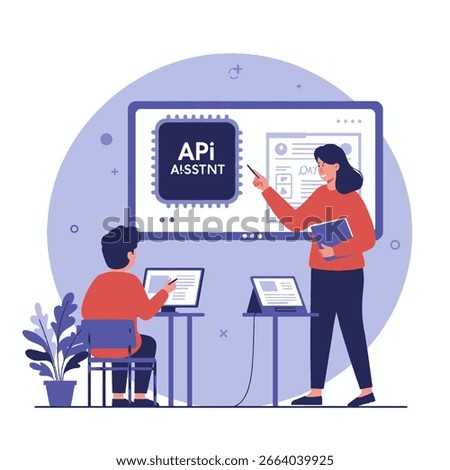 A teacher points to a screen displaying 