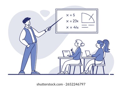 A teacher points to a whiteboard with math problems and geometric diagrams while two students sit at desks with laptops, engaged in learning.