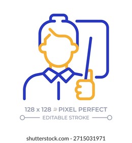 Teacher portrait pixel perfect two color line icon. Professional female educator holding pointer. School staff bicolor outline symbol. Duotone linear pictogram. Isolated illustration. Editable stroke