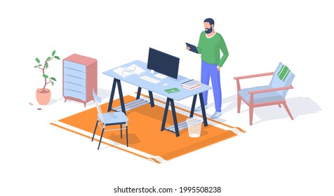 Teacher prepares for lecture in office. Man stands with tablet looks through information. Computer monitor with books drawings on table. Armchair with bedside table. Vector realistic isometry.