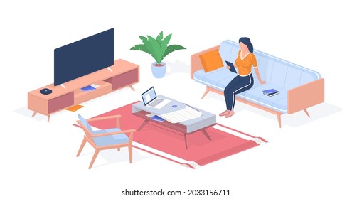 Teacher preparing for lecture at home. Woman with tablet sitting on couch. Laptop and blueprints table. Modern TV bedside stand. Online distance learning. Vector realistic isometry.