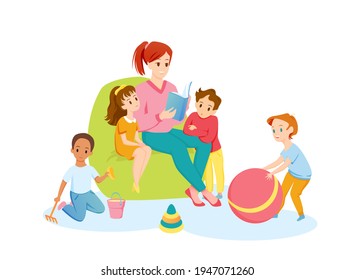 Teacher and preschool children read book together, young happy woman reading storybook