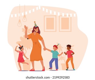 Teacher and Preschool Kids Celebrate Birthday in Kindergarten. Woman with Little Boys and Girls Characters Holding Hands Dancing and Having Fun all Together. Cartoon People Vector Illustration