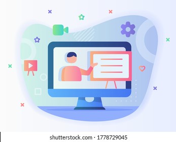Teacher presentation course material via video on computer screen digital course concept with flat style.