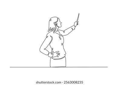 Teacher presentation pointing with stick in continuous one line drawing. Education concept in single line art illustration. Editable vector.  