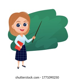 Teacher presenter with pointer at blackboard in classroom, business presentation vector 