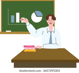 Profesor presentando gráficos y tablas en una pizarra