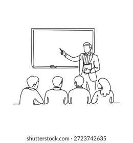 A teacher presenting to a class depicted in a continuous line style