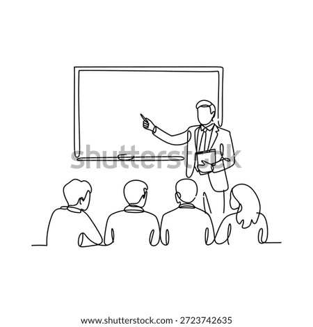 A teacher presenting to a class depicted in a continuous line style