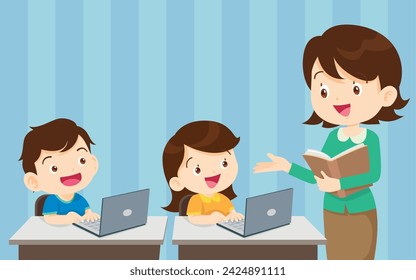 teacher presenting for computer learning and students boy and girl sitting in class