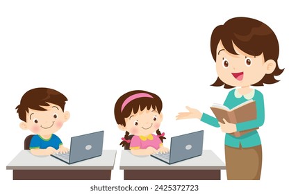 teacher presenting for computer learning and students boy and girl sitting in class