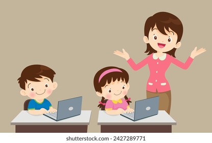 teacher presenting for computer learning and students boy and girl sitting in class