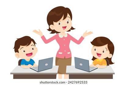 teacher presenting for computer learning and students boy and girl sitting in class