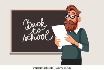 
Profesor presentando una conferencia frente a la Ilustración de caricaturas de vectores de clase. Profesor portando un papel a clasificar 
