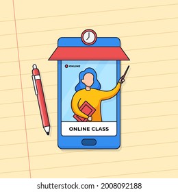 Profesor presentando una lección en la pantalla del smartphone para clases en línea aprendiendo desde casa con aplicación móvil
