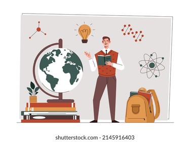 Teacher Profession Concept. Man Professor Teaches Lesson At University. Male Character Stands Next To Globe And Books. Employee Teaches Children School Curriculum. Cartoon Flat Vector Illustration