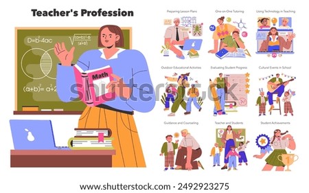 Teacher Profession set. Diverse teaching methods and classroom activities. Educator lesson preparation, student mentoring, and academic evaluation. Vector illustration.