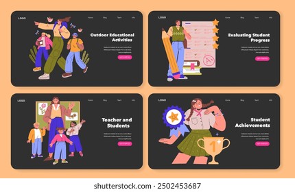 Teacher profession set. Illustrating diverse educational scenarios. Engaging with students, outdoor learning, assessment, accomplishments. Vector illustration.