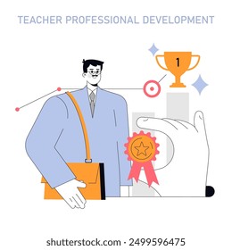 Concepto de desarrollo profesional del profesor. Un educador confiado con un maletín recibe una medalla y un trofeo a la excelencia. Crecimiento profesional en la enseñanza. Ilustración vectorial.