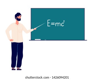 Teacher professor at blackboard. man teaching physics in classroom college. online education and back to school vector concept. School teacher, professor near blackboard in classroom illustration