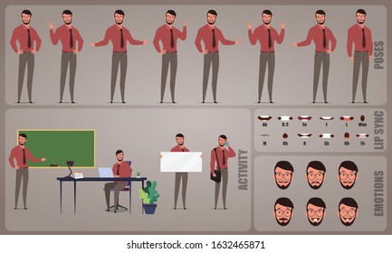 Teacher or Professor character Set. Collection of character body Poses, facial gestures, teaching activities and Lip syncs poses. Ready-to-use and animate, character set. Vector illustration.