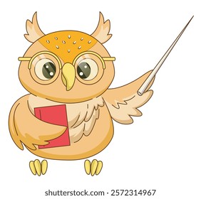 Teacher or professor owl holding pointer stick and book	