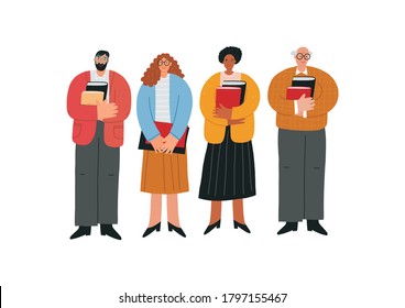 Teacher, professor at school and college with books in hand. Flat vector illustration.