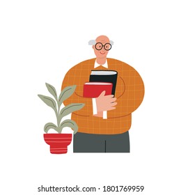 Teacher, professor at school and college with books in hand. Flat vector illustration.