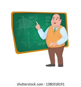 Teacher professor standing in front of blackboard teaching student in classroom