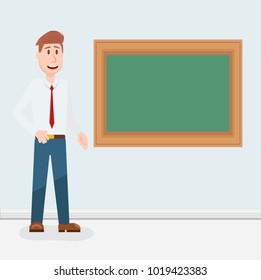 Teacher, professor standing in front of blank school blackboard vector illustration. School teacher in glasses, male teacher near blackboard