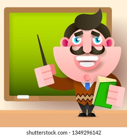 Teacher, Professor Standing In Front Of Blank School Blackboard Vector Illustration. School Teacher