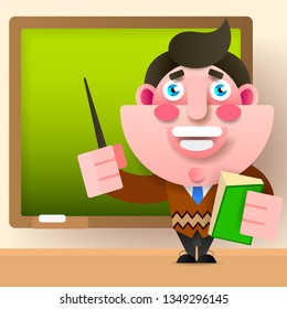 Teacher, Professor Standing In Front Of Blank School Blackboard Vector Illustration. School Teacher