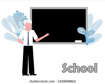 Teacher, professor standing in front of blank school blackboard vector illustration. School teacher in glasses, male teacher near blackboard