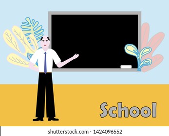 Teacher, professor standing in front of blank school blackboard vector illustration. School teacher in glasses, male teacher near blackboard