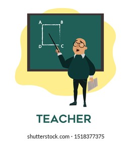 Teacher, professor standing in front of blank school blackboard vector illustration. School teacher in glasses, male teacher near blackboard