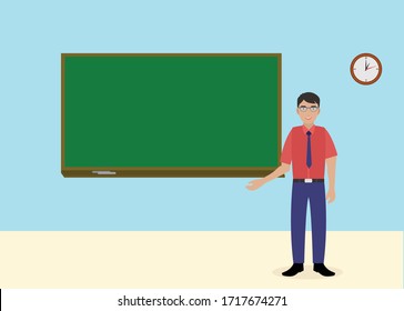 Teacher, professor standing in front of blank school grenboard vector illustration. School teacher in glasses, male teacher near blackboard