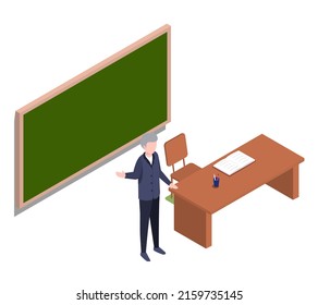 Teacher, professor standing in front of blank school blackboard vector illustration. School teacher in glasses, male instructor near school board conducts classes for students isolated on white