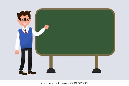 Profesor, profesor parado frente a la ilustración vectorial de la pizarra en blanco de la escuela. Profesora de escuela con gafas, profesora masculina cerca de la pizarra