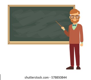 Teacher, professor standing in front of blank school blackboard vector illustration. School teacher in glasses, male teacher near blackboard