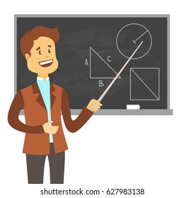 Teacher, professor standing in front of blank school blackboard .School male teacher near blackboard. Cartoon flat style vector illustration