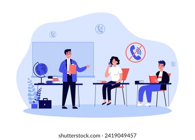 Teacher prohibiting students using smartphones in classroom. Vector illustration. School girl trying to call phone during lesson. Forbidden circle with cell phone on background. Ban on phone calls 