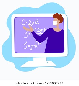  Teacher in a protective face mask on the monitor screen.  E-learning on quarantine. Lecture or webinar for online education. Stock vector flat illustration isolated on white background.