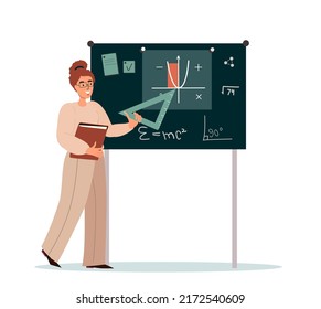 Teacher with Protractor Isolated on White Background. Mature Handsome Female Character Wear Formal Clothes Explain Lesson to Students in Classroom,Education Concept. Cartoon People Vector Illustration