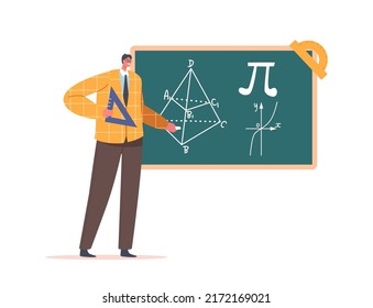 Teacher with Protractor Stand at Blackboard Explain Geometry Science to Students Isolated on White Background. Handsome Tutor Male Character Wear Formal Clothes. Cartoon People Vector Illustration