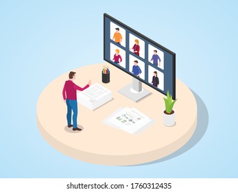 Teacher provides learning to students through video conference flat cartoon style vector design