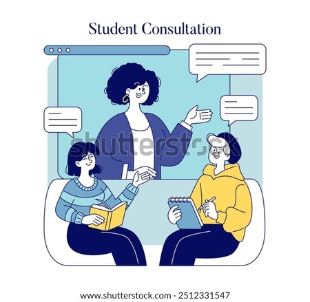 Teacher providing guidance during a student consultation session. Engaged learning through educator support. Vector illustration.