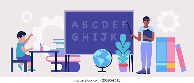 Teacher and pupil in class. Teacher’s day. Colorful flat vector illustration