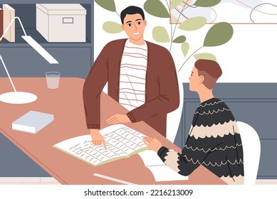 Teacher and pupil are sitting at the table. Individual lesson.