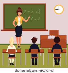 Teacher and pupils in classroom cartoon vector illustration. Classroom with green chalkboard desk tables and chairs. Math lesson in primary school with young attractive teacher