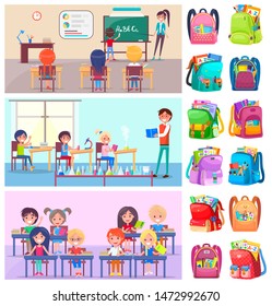 Teacher and pupils in classroom, classmates studying. Backpack sticker, girl and boy sitting at desktop with book, chemistry and language lesson vector. Back to school concept. Flat cartoon